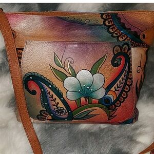 Authentic Anuschka Hand-Painted Floral Leather Shoulder Bag & matching wallet